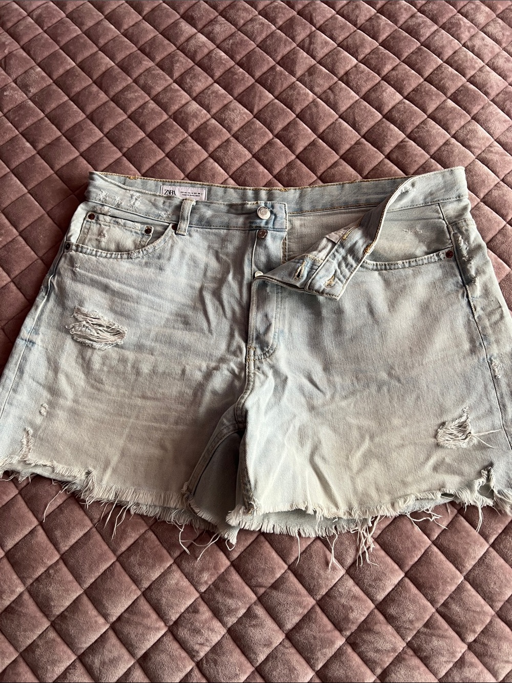 Zara Light Blue Distressed Denim Shorts